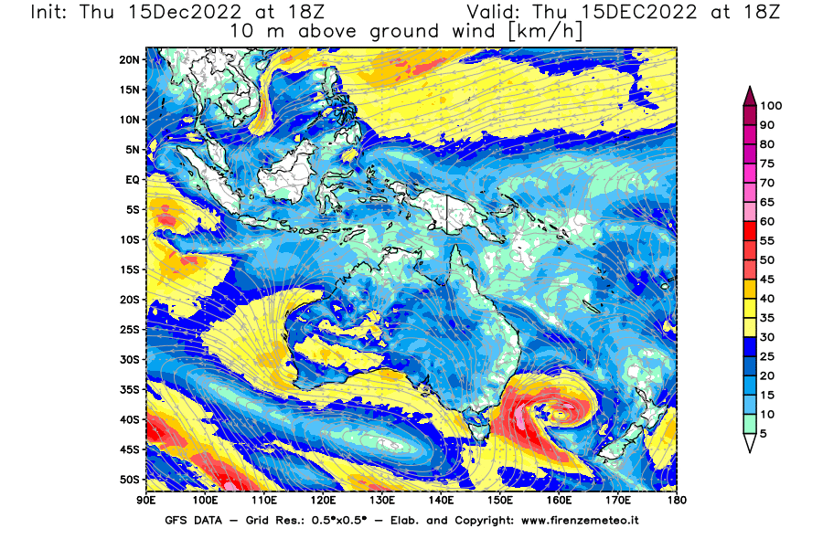 Mappa di analisi GFS - Velocità del vento a 10 metri dal suolo [km/h] in Oceania
							del 15/12/2022 18 <!--googleoff: index-->UTC<!--googleon: index-->