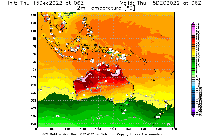 Mappa di analisi GFS - Temperatura a 2 metri dal suolo [°C] in Oceania
							del 15/12/2022 06 <!--googleoff: index-->UTC<!--googleon: index-->