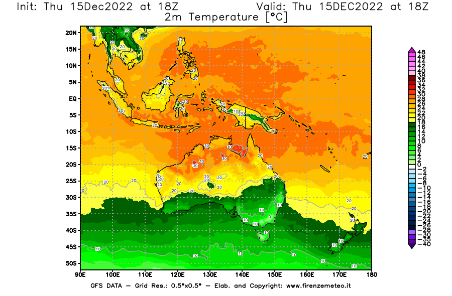 Mappa di analisi GFS - Temperatura a 2 metri dal suolo [°C] in Oceania
							del 15/12/2022 18 <!--googleoff: index-->UTC<!--googleon: index-->
