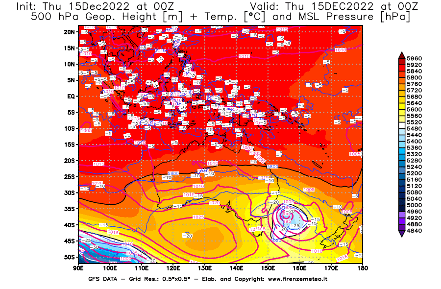 Mappa di analisi GFS - Geopotenziale [m] + Temp. [°C] a 500 hPa + Press. a livello del mare [hPa] in Oceania
							del 15/12/2022 00 <!--googleoff: index-->UTC<!--googleon: index-->