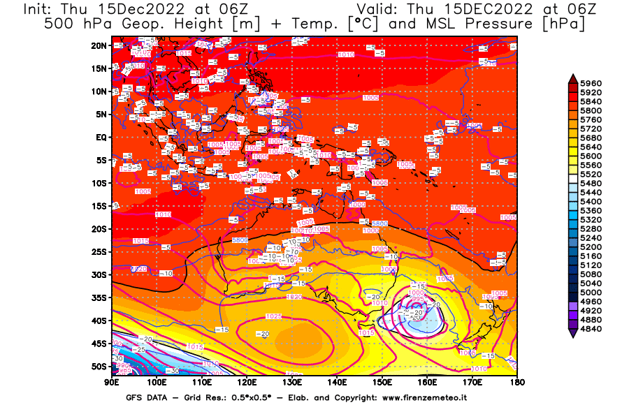 Mappa di analisi GFS - Geopotenziale [m] + Temp. [°C] a 500 hPa + Press. a livello del mare [hPa] in Oceania
							del 15/12/2022 06 <!--googleoff: index-->UTC<!--googleon: index-->