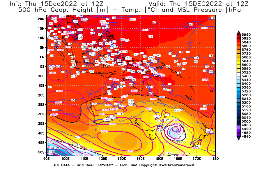 Mappa di analisi GFS - Geopotenziale [m] + Temp. [°C] a 500 hPa + Press. a livello del mare [hPa] in Oceania
							del 15/12/2022 12 <!--googleoff: index-->UTC<!--googleon: index-->