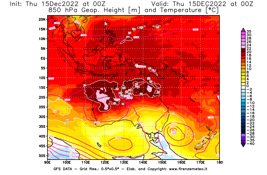 Mappa di analisi GFS - Geopotenziale [m] e Temperatura [°C] a 850 hPa in Oceania
							del 15/12/2022 00 <!--googleoff: index-->UTC<!--googleon: index-->
