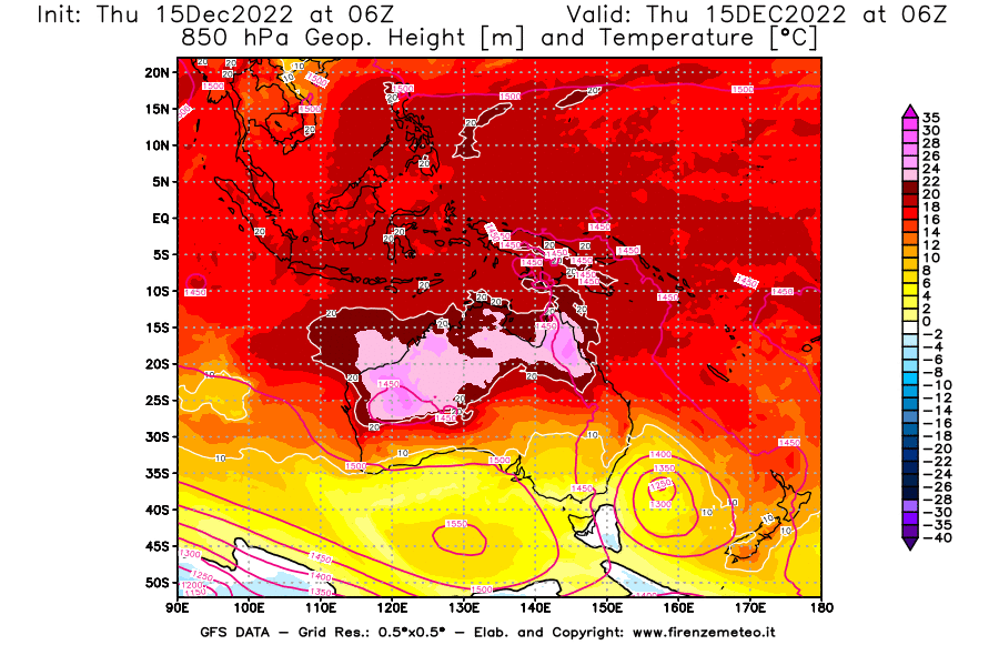 Mappa di analisi GFS - Geopotenziale [m] e Temperatura [°C] a 850 hPa in Oceania
							del 15/12/2022 06 <!--googleoff: index-->UTC<!--googleon: index-->