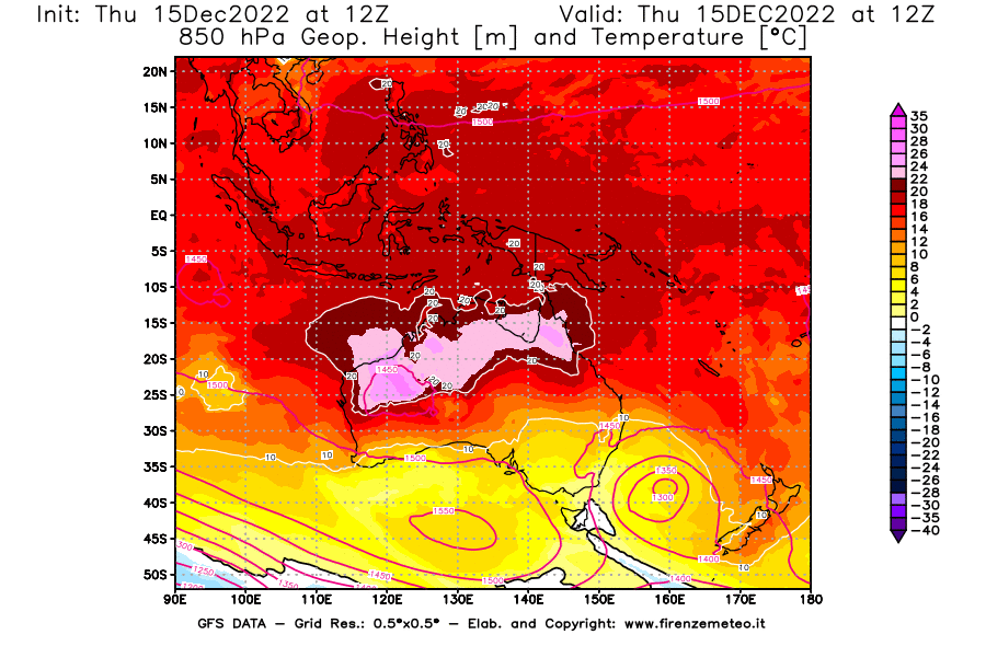 Mappa di analisi GFS - Geopotenziale [m] e Temperatura [°C] a 850 hPa in Oceania
							del 15/12/2022 12 <!--googleoff: index-->UTC<!--googleon: index-->