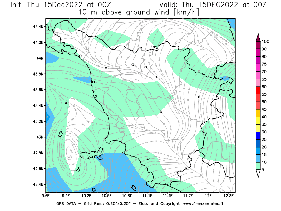 Mappa di analisi GFS - Velocità del vento a 10 metri dal suolo [km/h] in Toscana
							del 15/12/2022 00 <!--googleoff: index-->UTC<!--googleon: index-->