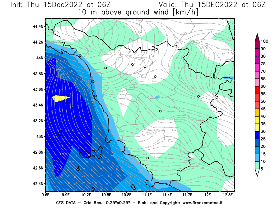 Mappa di analisi GFS - Velocità del vento a 10 metri dal suolo [km/h] in Toscana
							del 15/12/2022 06 <!--googleoff: index-->UTC<!--googleon: index-->