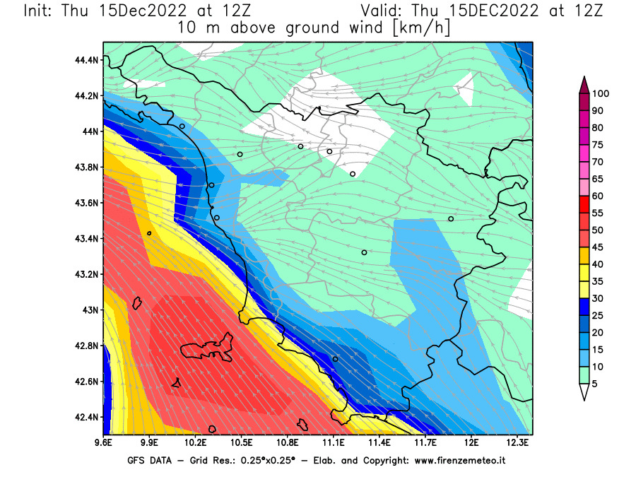 Mappa di analisi GFS - Velocità del vento a 10 metri dal suolo [km/h] in Toscana
							del 15/12/2022 12 <!--googleoff: index-->UTC<!--googleon: index-->