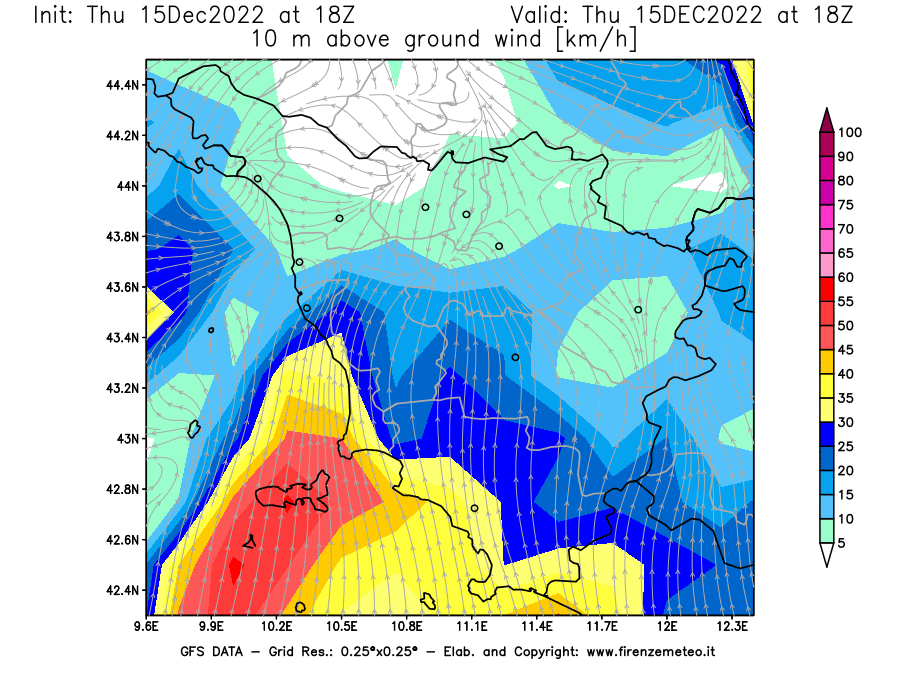 Mappa di analisi GFS - Velocità del vento a 10 metri dal suolo [km/h] in Toscana
							del 15/12/2022 18 <!--googleoff: index-->UTC<!--googleon: index-->