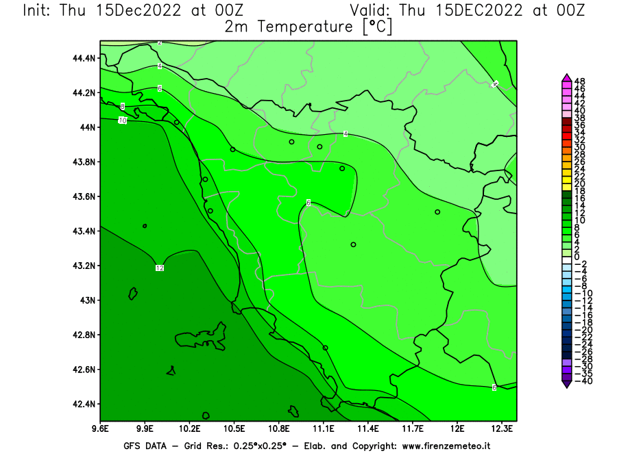 Mappa di analisi GFS - Temperatura a 2 metri dal suolo [°C] in Toscana
							del 15/12/2022 00 <!--googleoff: index-->UTC<!--googleon: index-->