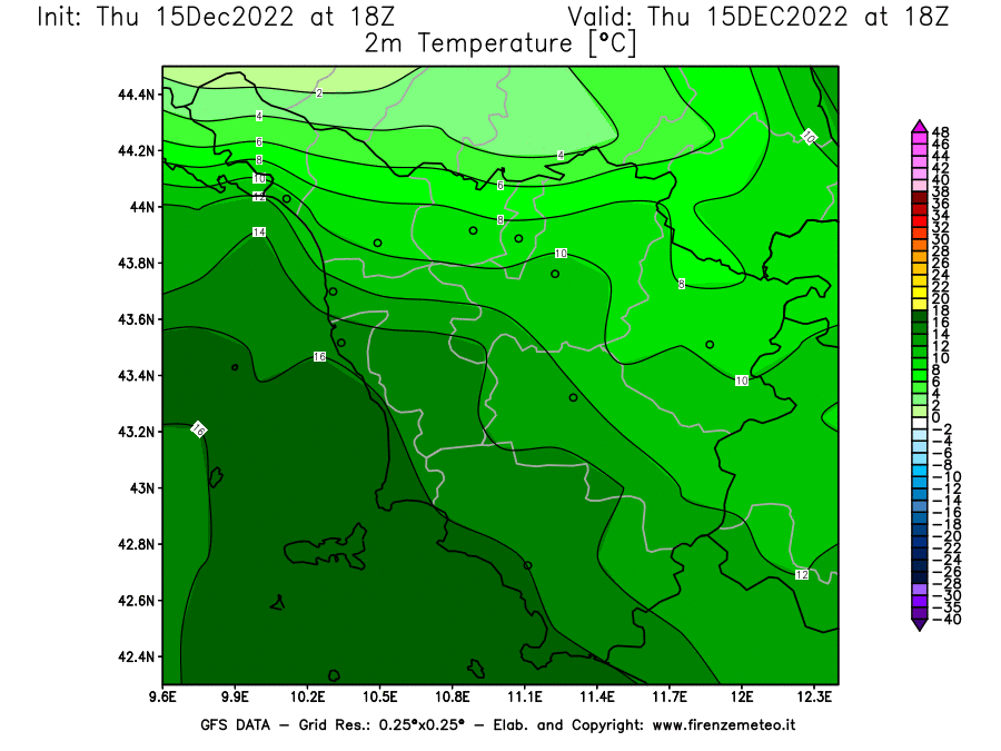 Mappa di analisi GFS - Temperatura a 2 metri dal suolo [°C] in Toscana
							del 15/12/2022 18 <!--googleoff: index-->UTC<!--googleon: index-->