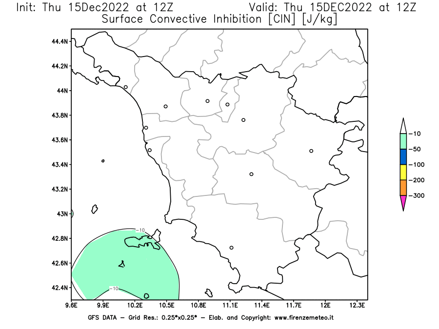 Mappa di analisi GFS - CIN [J/kg] in Toscana
							del 15/12/2022 12 <!--googleoff: index-->UTC<!--googleon: index-->