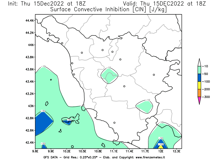 Mappa di analisi GFS - CIN [J/kg] in Toscana
							del 15/12/2022 18 <!--googleoff: index-->UTC<!--googleon: index-->