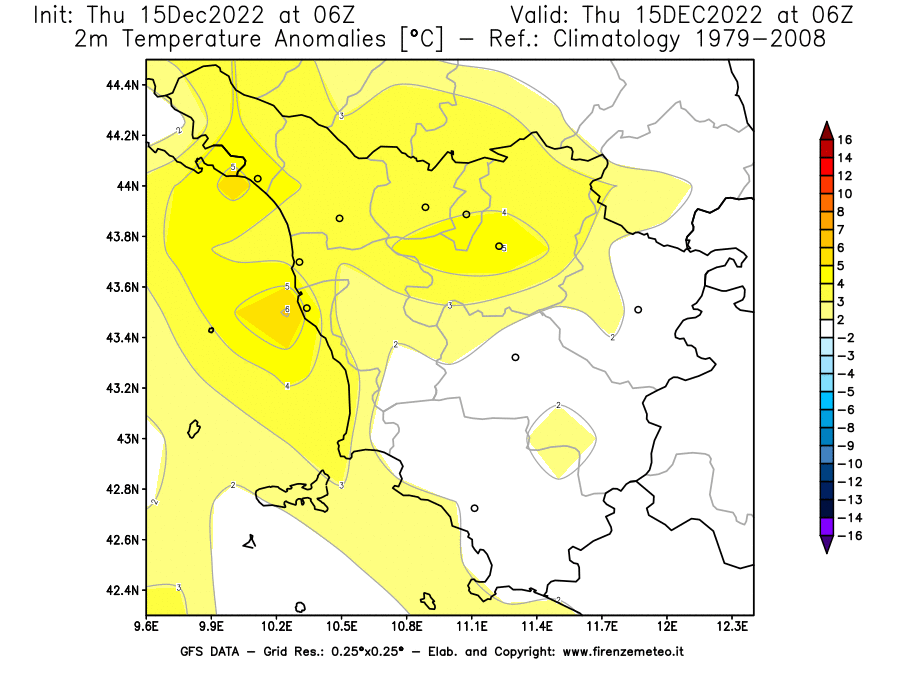 Mappa di analisi GFS - Anomalia Temperatura [°C] a 2 m in Toscana
							del 15/12/2022 06 <!--googleoff: index-->UTC<!--googleon: index-->