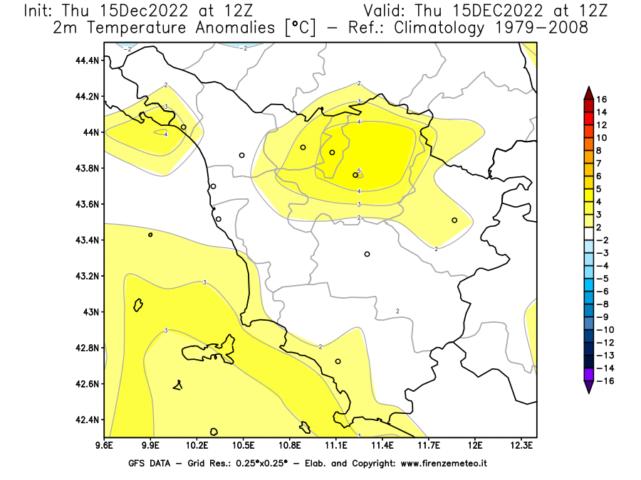 Mappa di analisi GFS - Anomalia Temperatura [°C] a 2 m in Toscana
							del 15/12/2022 12 <!--googleoff: index-->UTC<!--googleon: index-->