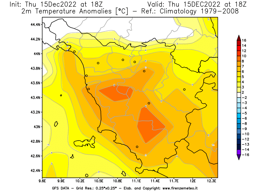 Mappa di analisi GFS - Anomalia Temperatura [°C] a 2 m in Toscana
							del 15/12/2022 18 <!--googleoff: index-->UTC<!--googleon: index-->