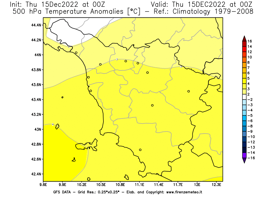 Mappa di analisi GFS - Anomalia Temperatura [°C] a 500 hPa in Toscana
							del 15/12/2022 00 <!--googleoff: index-->UTC<!--googleon: index-->