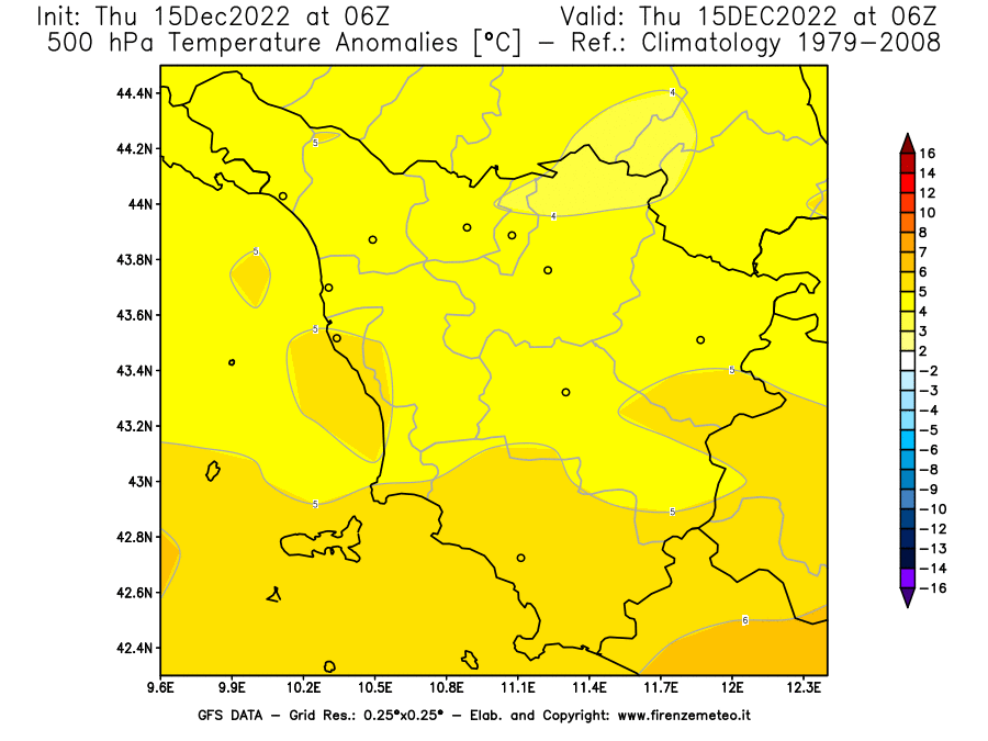 Mappa di analisi GFS - Anomalia Temperatura [°C] a 500 hPa in Toscana
							del 15/12/2022 06 <!--googleoff: index-->UTC<!--googleon: index-->