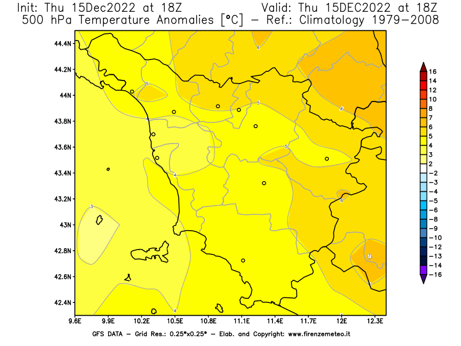 Mappa di analisi GFS - Anomalia Temperatura [°C] a 500 hPa in Toscana
							del 15/12/2022 18 <!--googleoff: index-->UTC<!--googleon: index-->