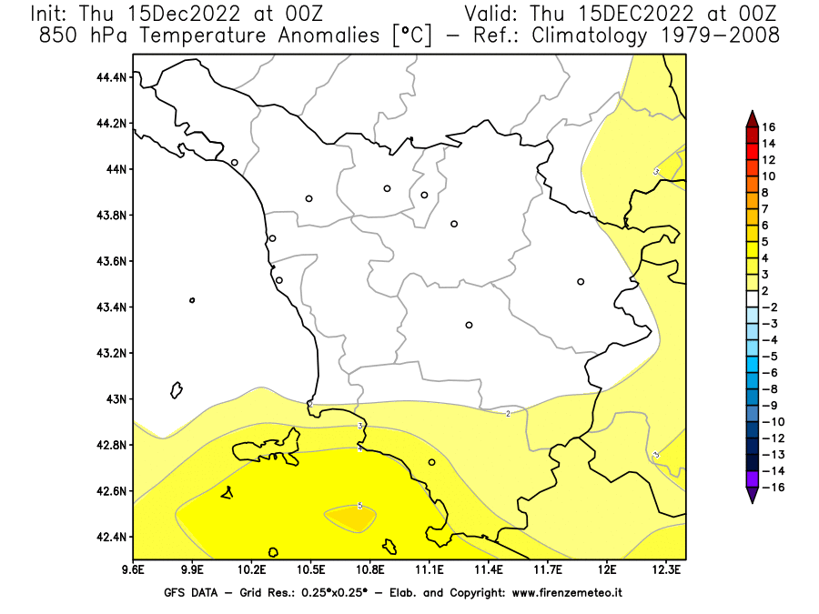 Mappa di analisi GFS - Anomalia Temperatura [°C] a 850 hPa in Toscana
							del 15/12/2022 00 <!--googleoff: index-->UTC<!--googleon: index-->