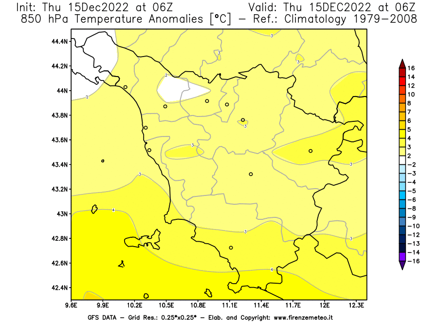 Mappa di analisi GFS - Anomalia Temperatura [°C] a 850 hPa in Toscana
							del 15/12/2022 06 <!--googleoff: index-->UTC<!--googleon: index-->