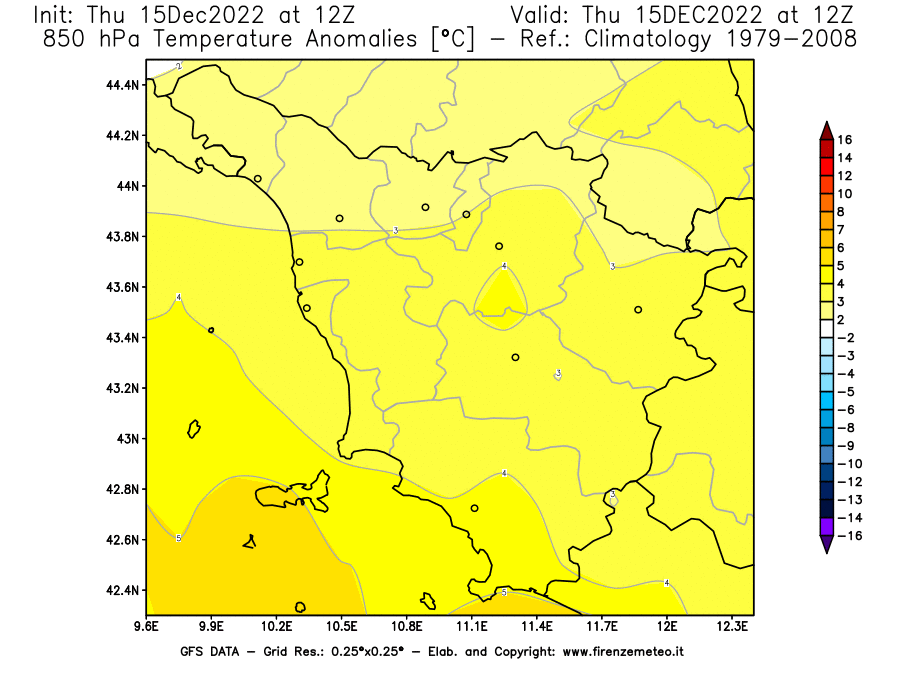 Mappa di analisi GFS - Anomalia Temperatura [°C] a 850 hPa in Toscana
							del 15/12/2022 12 <!--googleoff: index-->UTC<!--googleon: index-->