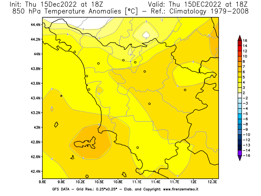 Mappa di analisi GFS - Anomalia Temperatura [°C] a 850 hPa in Toscana
							del 15/12/2022 18 <!--googleoff: index-->UTC<!--googleon: index-->
