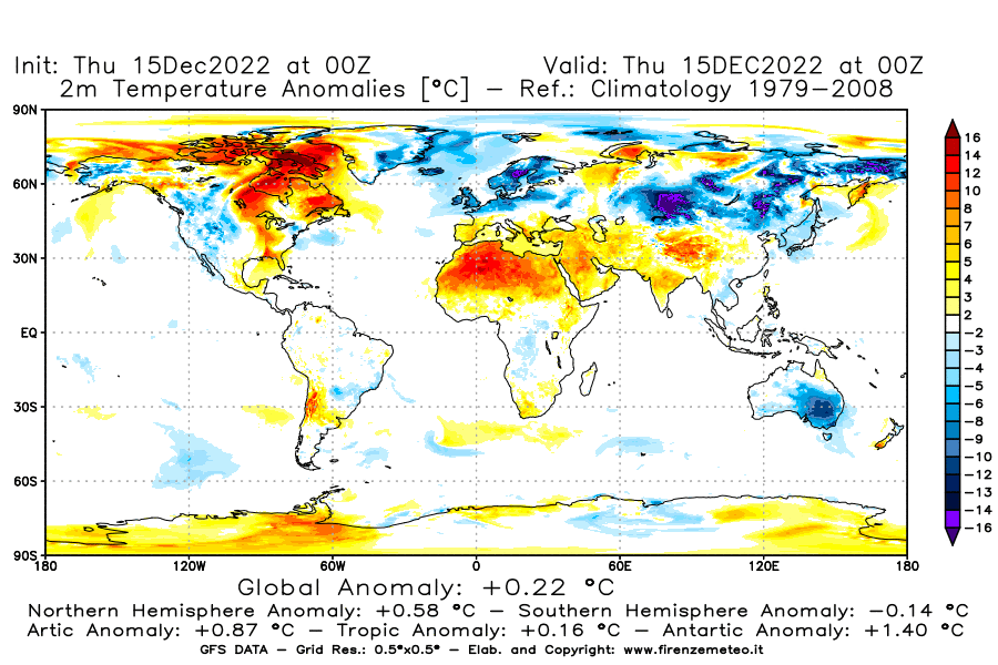 Mappa di analisi GFS - Anomalia Temperatura [°C] a 2 m in World
							del 15/12/2022 00 <!--googleoff: index-->UTC<!--googleon: index-->