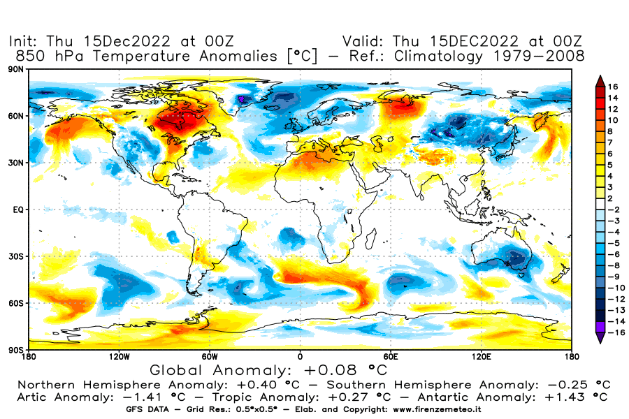 Mappa di analisi GFS - Anomalia Temperatura [°C] a 850 hPa in World
							del 15/12/2022 00 <!--googleoff: index-->UTC<!--googleon: index-->