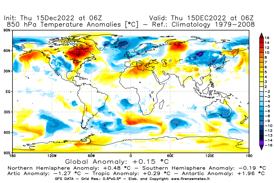 Mappa di analisi GFS - Anomalia Temperatura [°C] a 850 hPa in World
							del 15/12/2022 06 <!--googleoff: index-->UTC<!--googleon: index-->