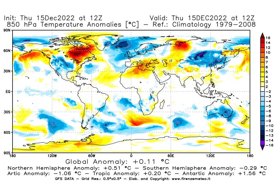 Mappa di analisi GFS - Anomalia Temperatura [°C] a 850 hPa in World
							del 15/12/2022 12 <!--googleoff: index-->UTC<!--googleon: index-->