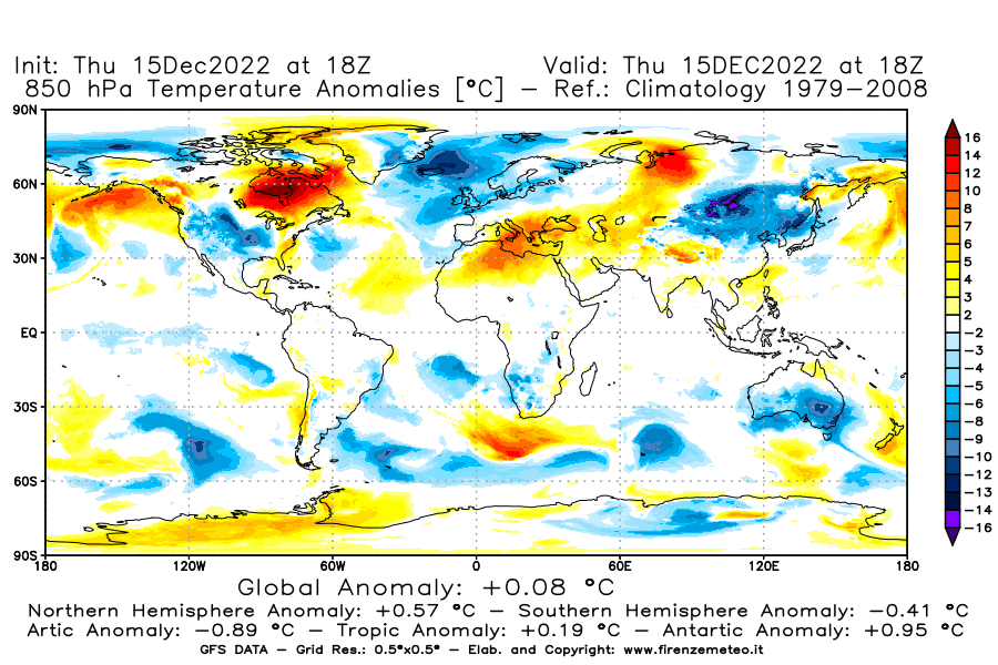 Mappa di analisi GFS - Anomalia Temperatura [°C] a 850 hPa in World
							del 15/12/2022 18 <!--googleoff: index-->UTC<!--googleon: index-->
