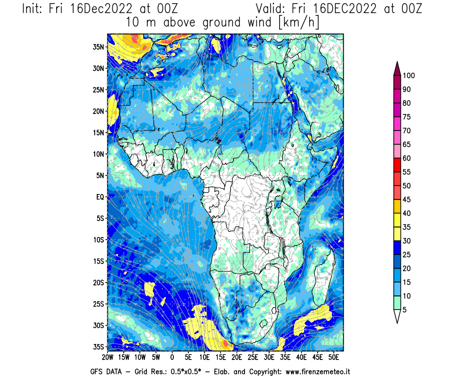Mappa di analisi GFS - Velocità del vento a 10 metri dal suolo [km/h] in Africa
							del 16/12/2022 00 <!--googleoff: index-->UTC<!--googleon: index-->