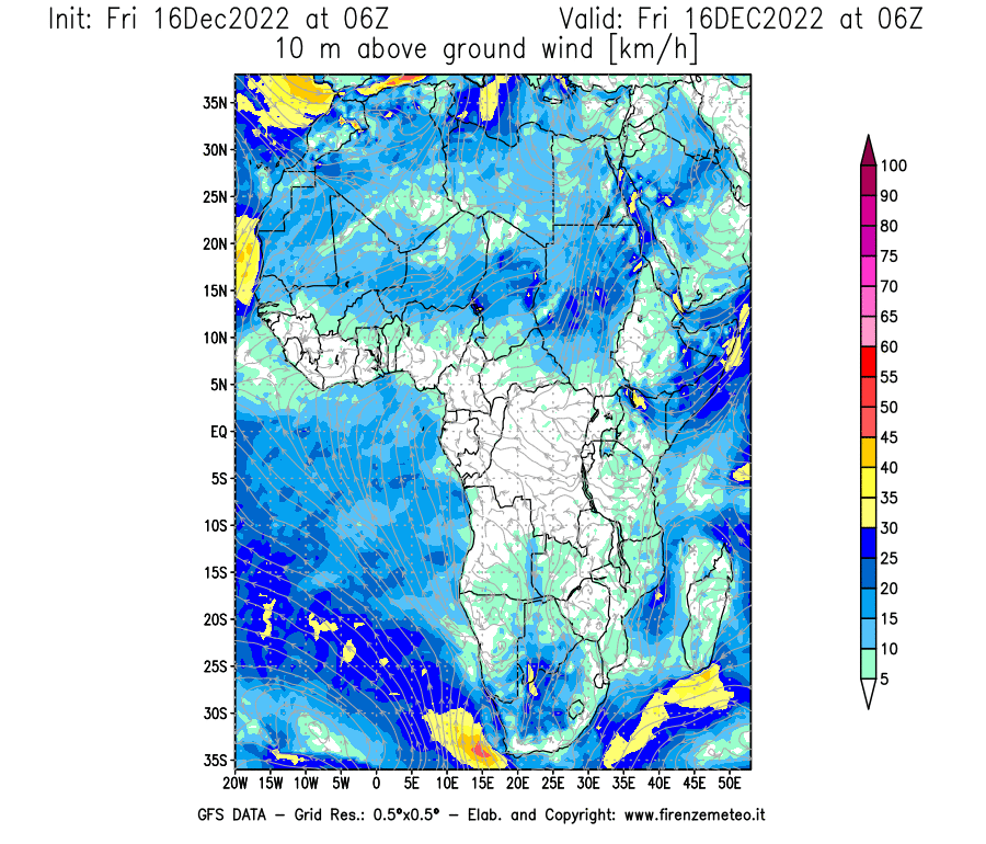 Mappa di analisi GFS - Velocità del vento a 10 metri dal suolo [km/h] in Africa
							del 16/12/2022 06 <!--googleoff: index-->UTC<!--googleon: index-->