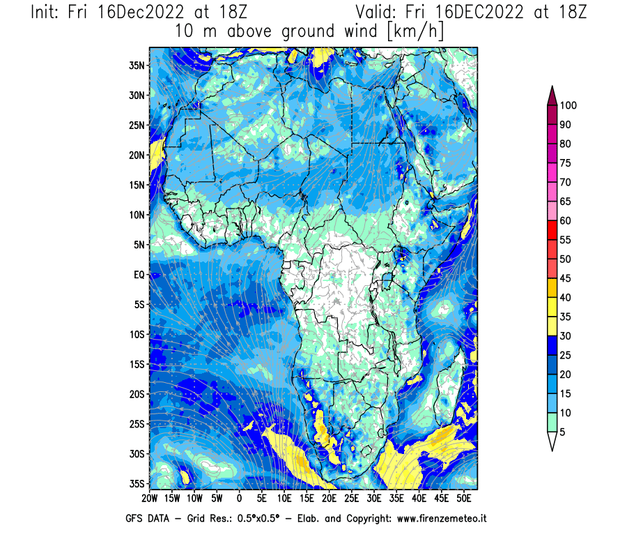 Mappa di analisi GFS - Velocità del vento a 10 metri dal suolo [km/h] in Africa
							del 16/12/2022 18 <!--googleoff: index-->UTC<!--googleon: index-->