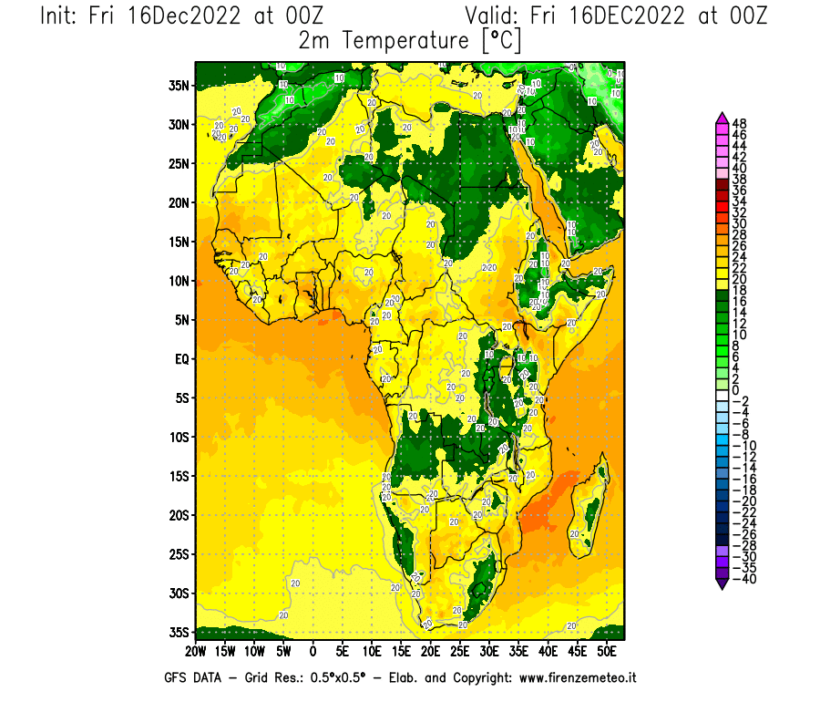 Mappa di analisi GFS - Temperatura a 2 metri dal suolo [°C] in Africa
							del 16/12/2022 00 <!--googleoff: index-->UTC<!--googleon: index-->