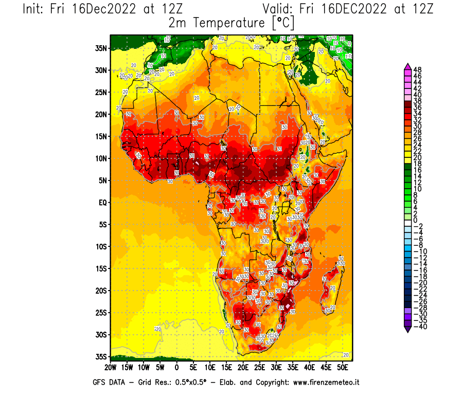 Mappa di analisi GFS - Temperatura a 2 metri dal suolo [°C] in Africa
							del 16/12/2022 12 <!--googleoff: index-->UTC<!--googleon: index-->