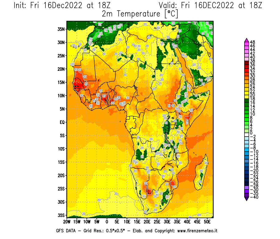 Mappa di analisi GFS - Temperatura a 2 metri dal suolo [°C] in Africa
							del 16/12/2022 18 <!--googleoff: index-->UTC<!--googleon: index-->