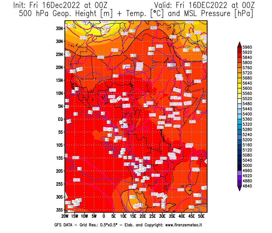 Mappa di analisi GFS - Geopotenziale [m] + Temp. [°C] a 500 hPa + Press. a livello del mare [hPa] in Africa
							del 16/12/2022 00 <!--googleoff: index-->UTC<!--googleon: index-->