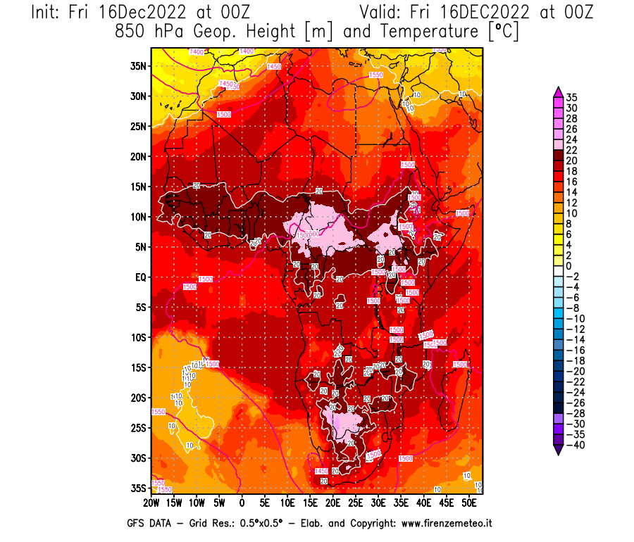 Mappa di analisi GFS - Geopotenziale [m] e Temperatura [°C] a 850 hPa in Africa
							del 16/12/2022 00 <!--googleoff: index-->UTC<!--googleon: index-->