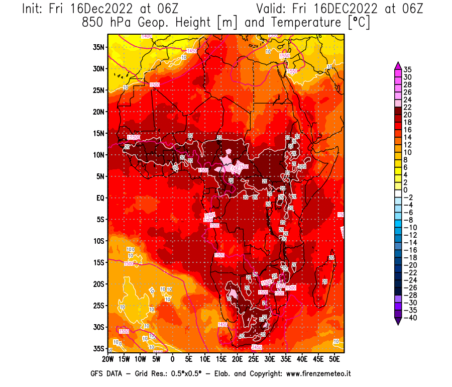 Mappa di analisi GFS - Geopotenziale [m] e Temperatura [°C] a 850 hPa in Africa
							del 16/12/2022 06 <!--googleoff: index-->UTC<!--googleon: index-->