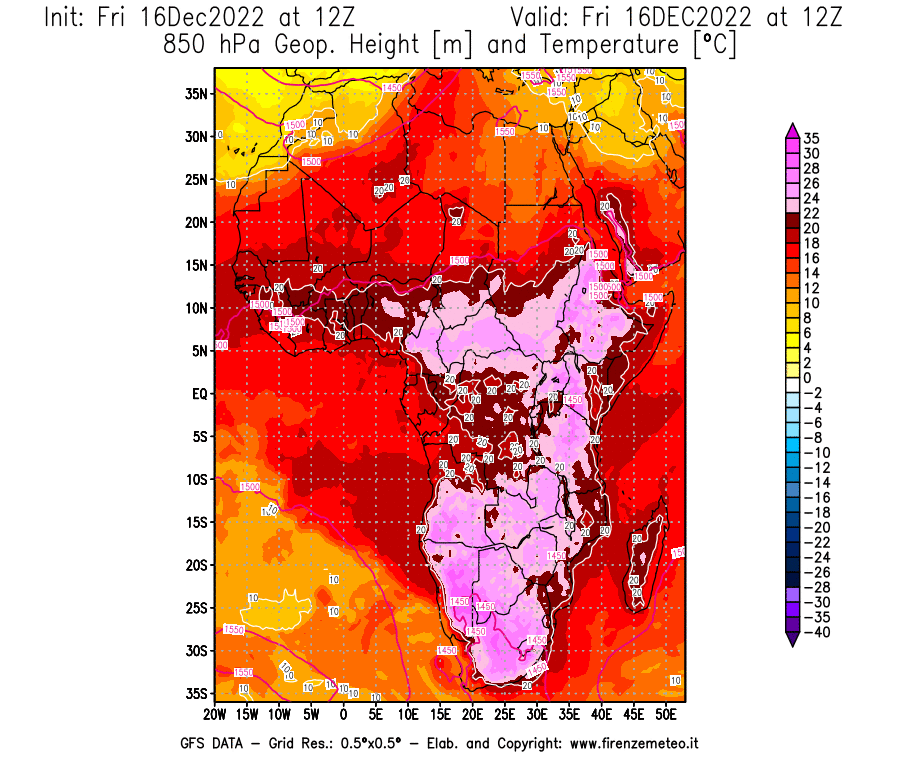 Mappa di analisi GFS - Geopotenziale [m] e Temperatura [°C] a 850 hPa in Africa
							del 16/12/2022 12 <!--googleoff: index-->UTC<!--googleon: index-->