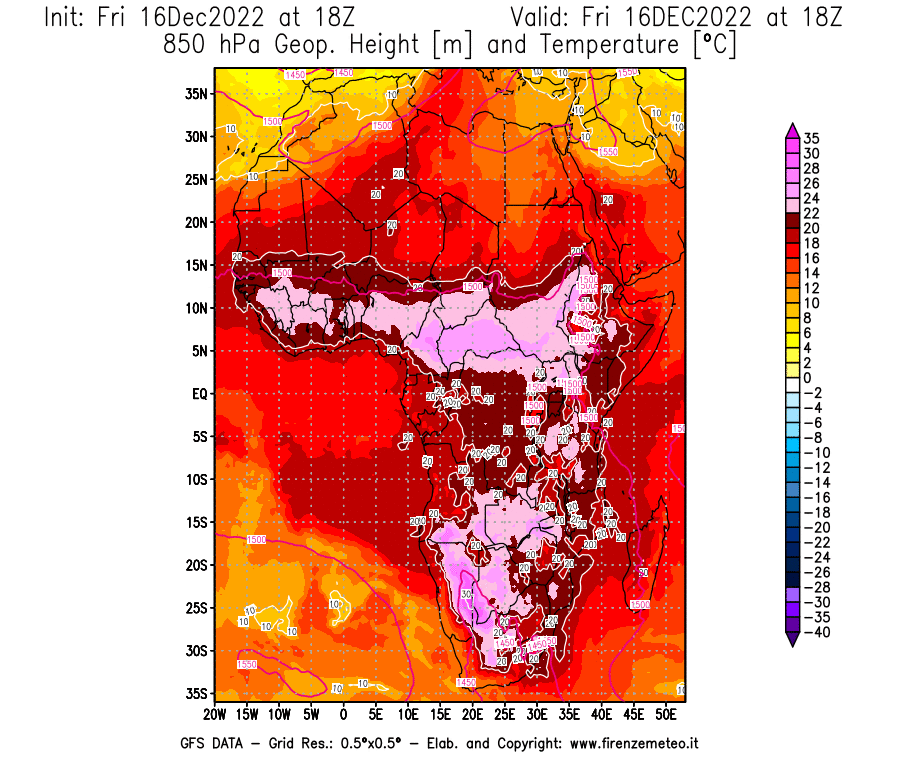 Mappa di analisi GFS - Geopotenziale [m] e Temperatura [°C] a 850 hPa in Africa
							del 16/12/2022 18 <!--googleoff: index-->UTC<!--googleon: index-->