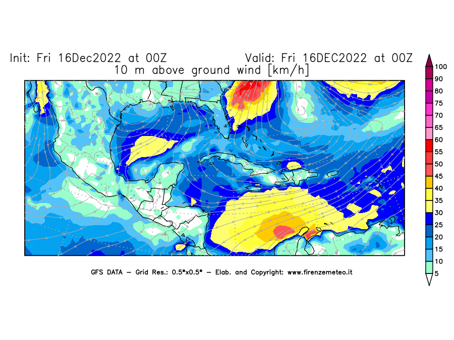 Mappa di analisi GFS - Velocità del vento a 10 metri dal suolo [km/h] in Centro-America
							del 16/12/2022 00 <!--googleoff: index-->UTC<!--googleon: index-->