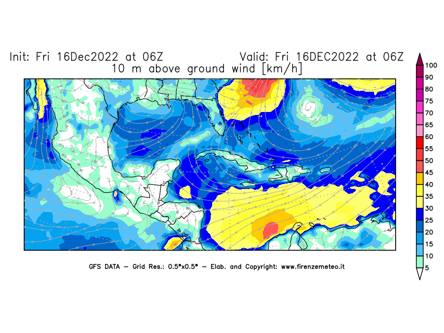 Mappa di analisi GFS - Velocità del vento a 10 metri dal suolo [km/h] in Centro-America
							del 16/12/2022 06 <!--googleoff: index-->UTC<!--googleon: index-->