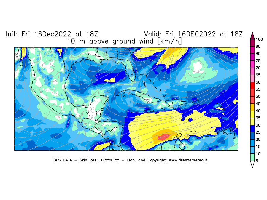 Mappa di analisi GFS - Velocità del vento a 10 metri dal suolo [km/h] in Centro-America
							del 16/12/2022 18 <!--googleoff: index-->UTC<!--googleon: index-->