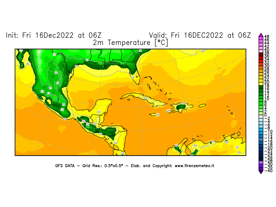 Mappa di analisi GFS - Temperatura a 2 metri dal suolo [°C] in Centro-America
							del 16/12/2022 06 <!--googleoff: index-->UTC<!--googleon: index-->