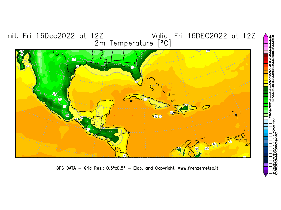 Mappa di analisi GFS - Temperatura a 2 metri dal suolo [°C] in Centro-America
							del 16/12/2022 12 <!--googleoff: index-->UTC<!--googleon: index-->