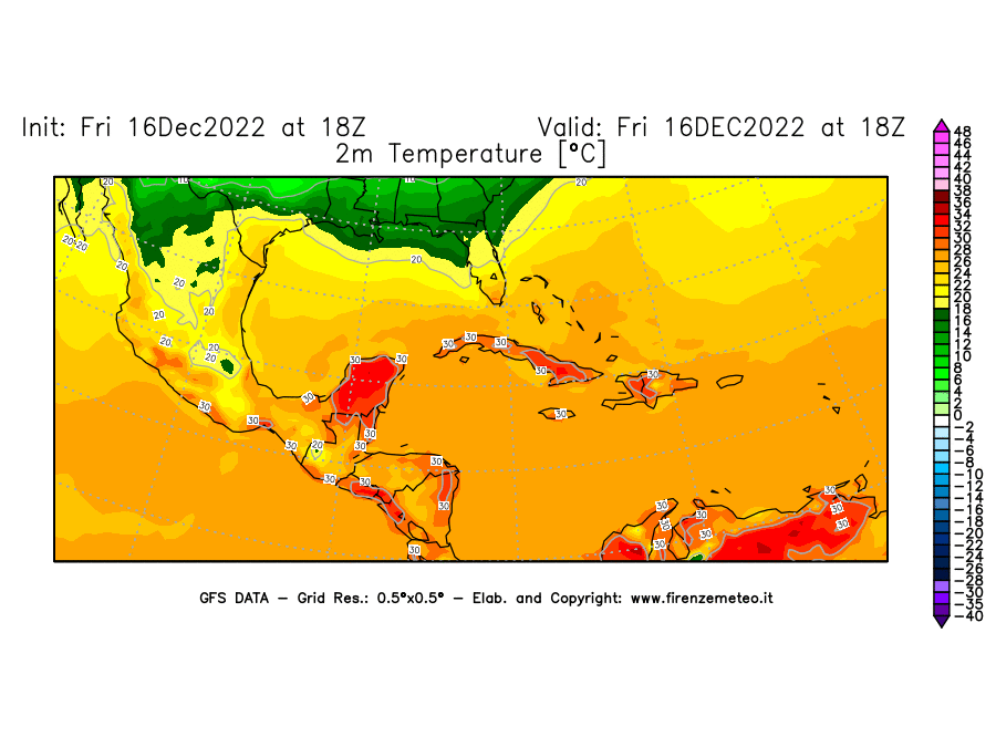 Mappa di analisi GFS - Temperatura a 2 metri dal suolo [°C] in Centro-America
							del 16/12/2022 18 <!--googleoff: index-->UTC<!--googleon: index-->