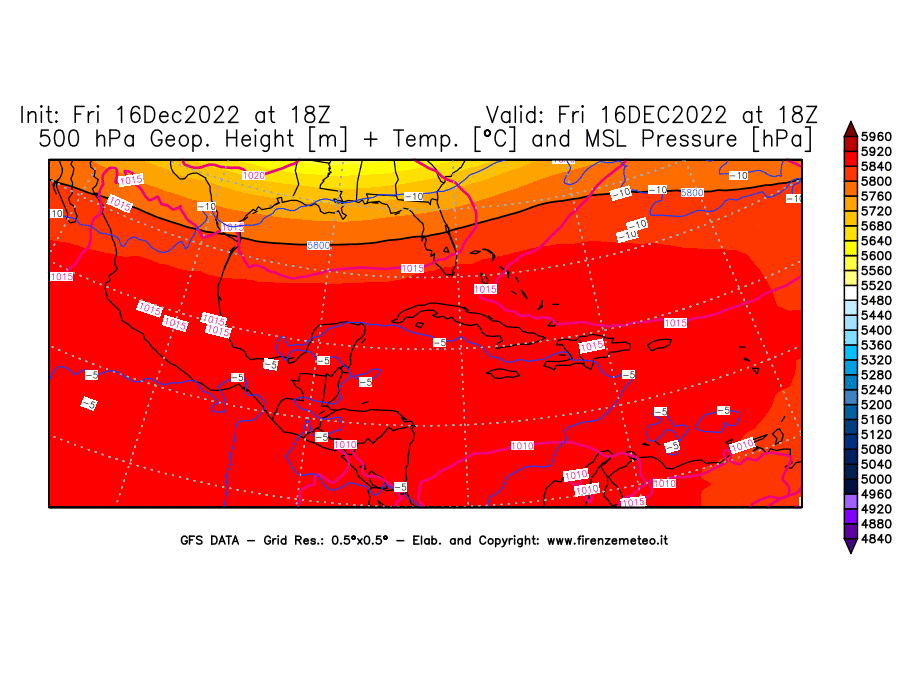 Mappa di analisi GFS - Geopotenziale [m] + Temp. [°C] a 500 hPa + Press. a livello del mare [hPa] in Centro-America
							del 16/12/2022 18 <!--googleoff: index-->UTC<!--googleon: index-->
